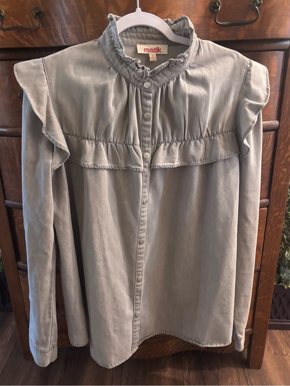 Mazik Gray Ruffle-Neck Button Front Top